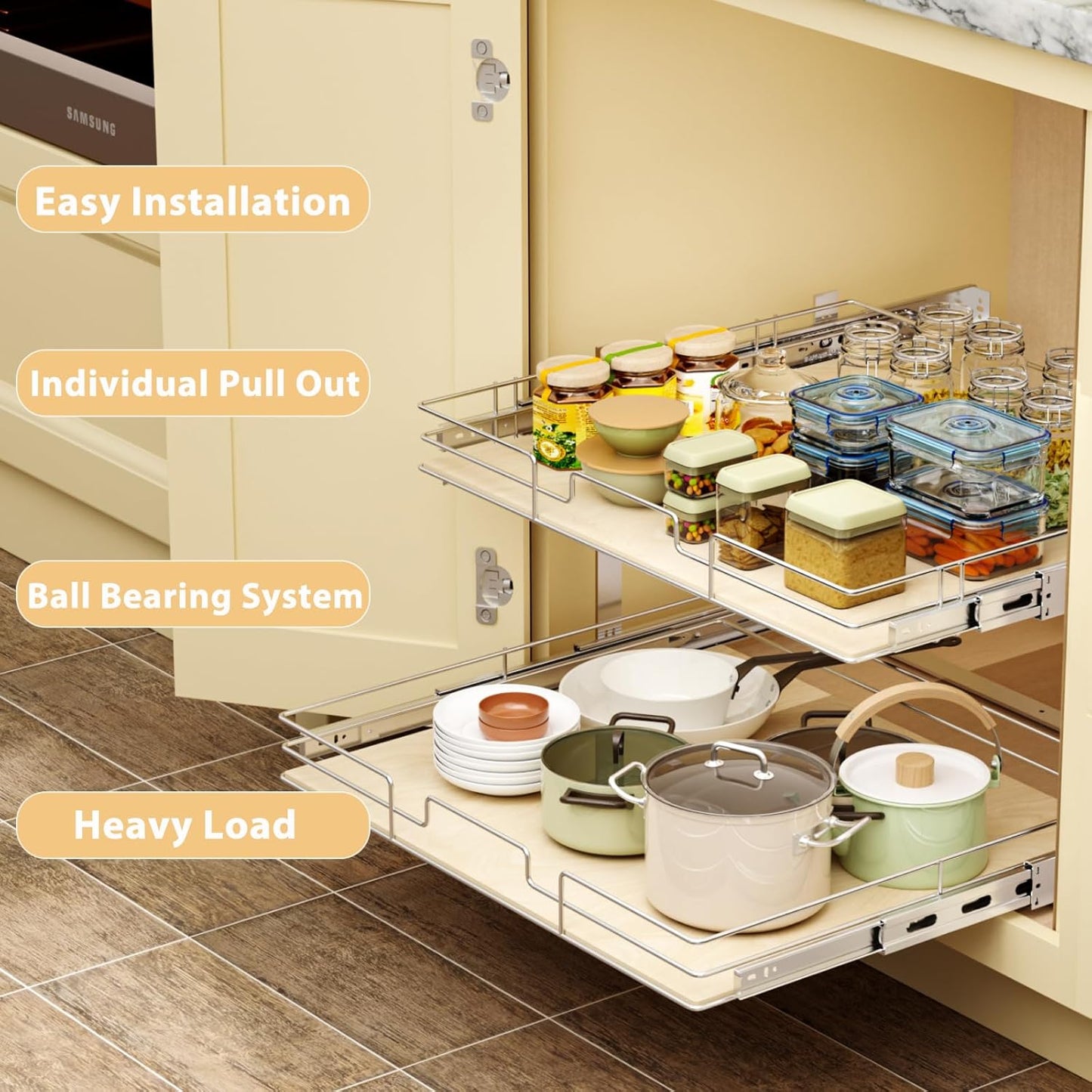 ROOMTEC 2 Tier Individual Pull Out Cabinet Organizer 19½"W x 21½"D, Slide Out Wood Shelves Organizers, Pull Out Drawers Organization and Storage for Kitchen Cabinet