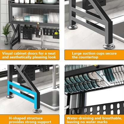 Kitchen sink rack dishwashing sink countertop dustproof cupboard storage multifunctional tableware storage drain rack double layer,KeepKitchen Sink Shlef Organized Space-Saving(Black,75cm/29.5in)