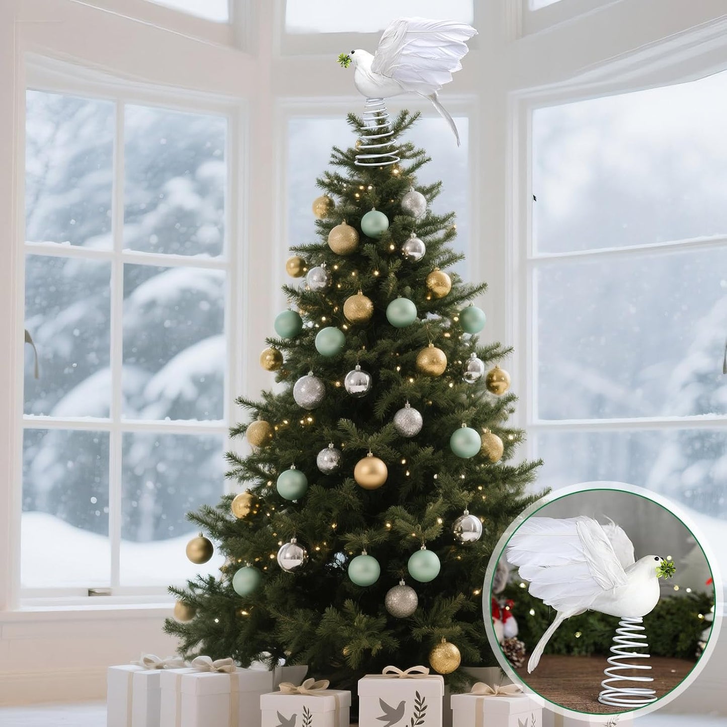 Retisee 9 Inch Dove Olive Christmas Tree Topper White Bird Christmas Tree Decoration Peaceful Flying Dove Ornaments Artificial Feather Flocked for Hanging Wedding Party Decor