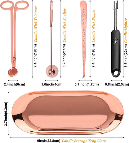 Lsnisni 5Pcs Accessory Set With Rechargeable Electric Lighter, Storage Tray, Wick Trimmer, Snuffer, Dipper, Stainless Steel Care Kit Gift Package for Candle Lover Rose Gold