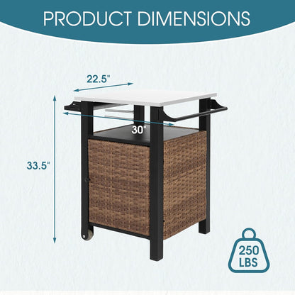 Grill Cart Outdoor with Wheels, Outdoor Prep Table with Wicker Storage and Rolling Wheels, Samll Kitchen Island Serving Cart with Stainless Steel Table Top for BBQ, Porch, Patio, Brown
