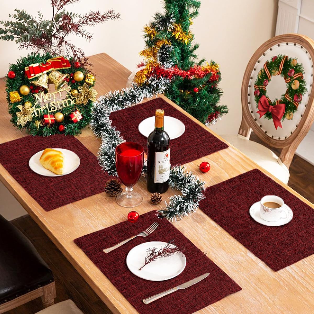 Christmas Placemats Set of 6, Bilayer Thickened Linen Place Mats Heat Resistant Machine Washable Wrinkle Free Carefully Selected Polyester Mats for Kitchen/Dining/Coffee Table (Deep Red)