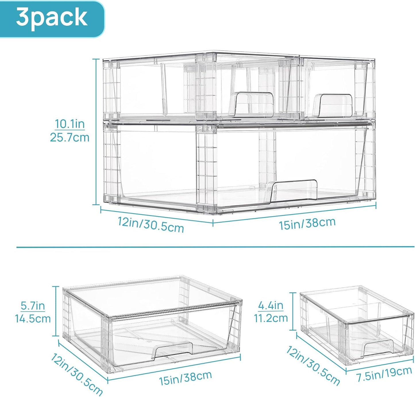 Vtopmart 3 Pack Stackable Storage Drawers, Easily Assemble Acrylic Bathroom Undersink Organizers,Clear Plastic Storage Bins for Closet,Cabinet,Pantry,Medicine Organization
