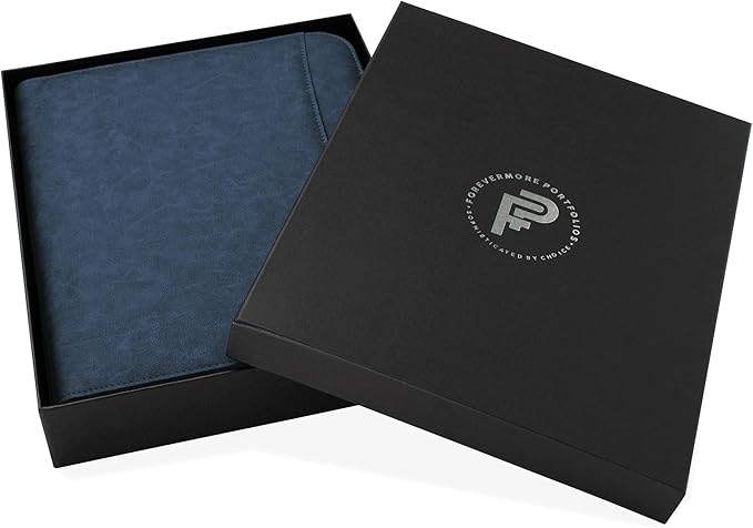 Forevermore Portfolios Padfolio Binder - Professional Faux Leather Travel Organizer Pouch for Tablet, Documents, Presentation Folders, Zipper Closure, Notepad - Blue