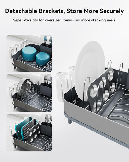 SUNLY Expandable Dish Drying Rack, Versatile Brackets for Pots & Pans, Space Saving Kitchen Drying Rack, Dish Racks for Kitchen Counter, Stainless Steel Dish Drainers with Extendable Spout, Gray