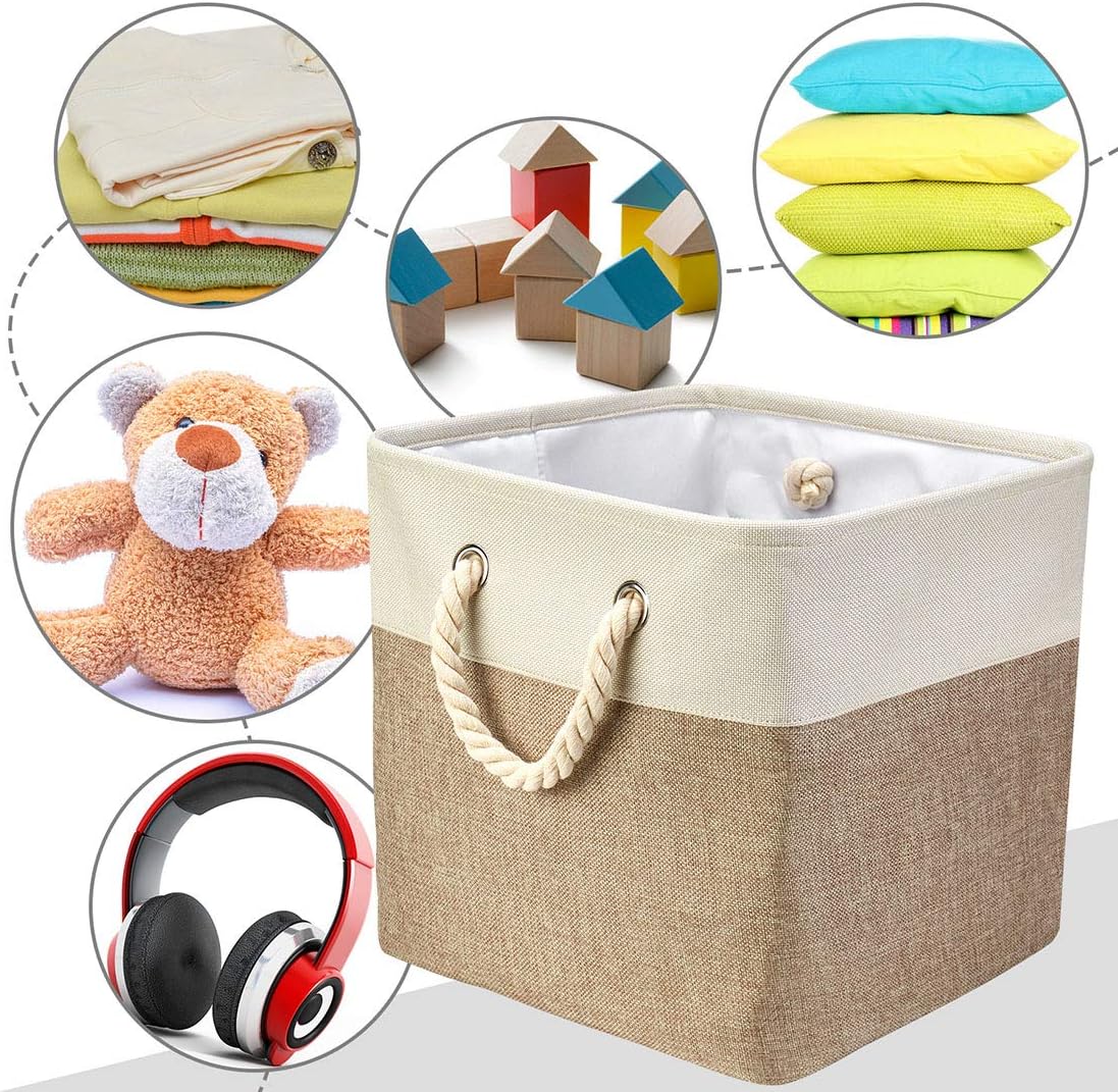 i BKGOO 3Pack Large Foldable Storage Bins，Collapsible Sturdy Cationic Fabric Organizing Storage Basket Cube with Cotton Handles for Home Office Shelf Clothes Toys White-Khaki 13×13×13 inch