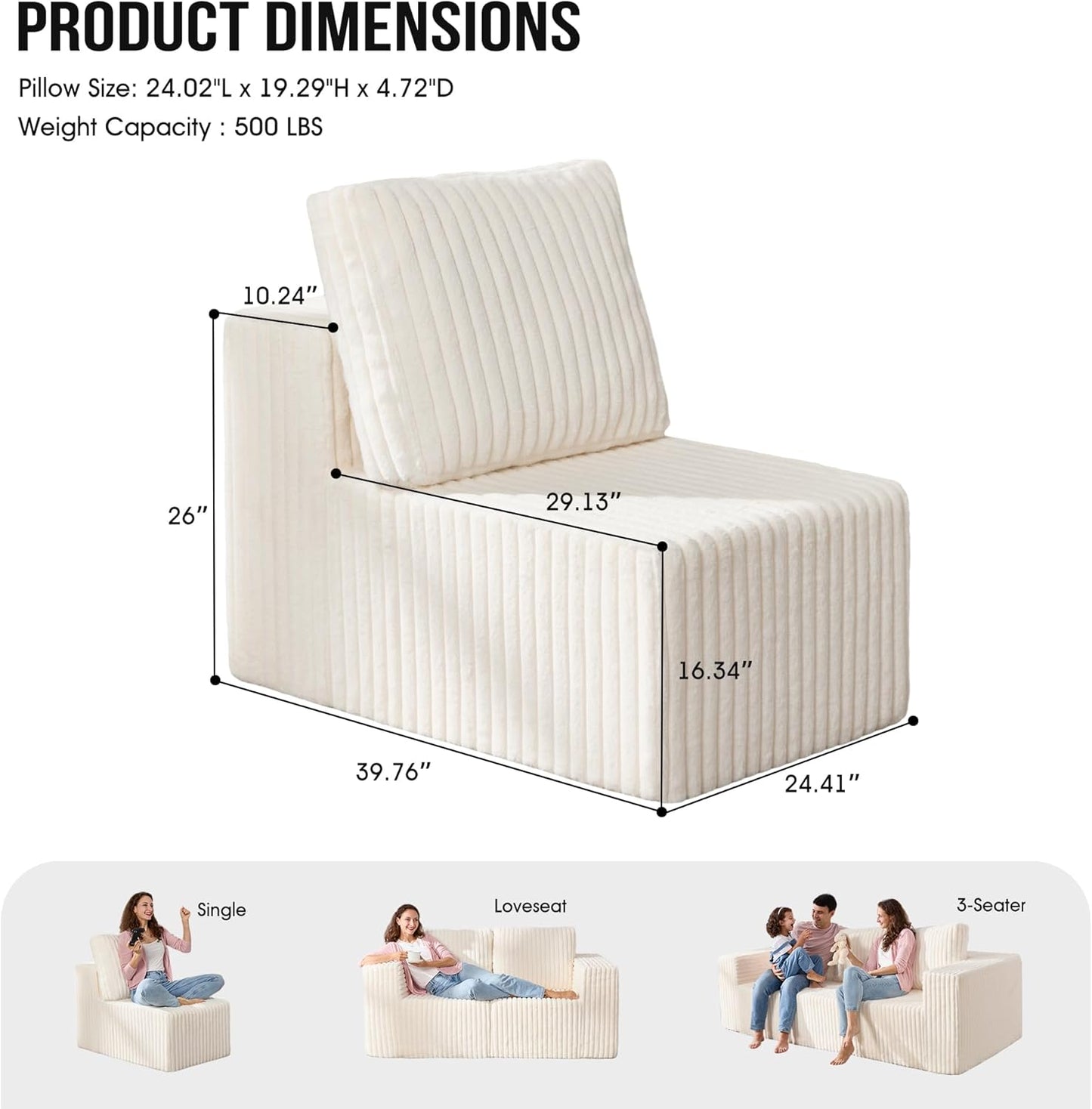Single Sofa 1 Seat Couch with Deep Seat Memory Foam Cloud Chair with Pillows Large Sofa with L Shape for Living Room Bedroom (Strip White, Single)