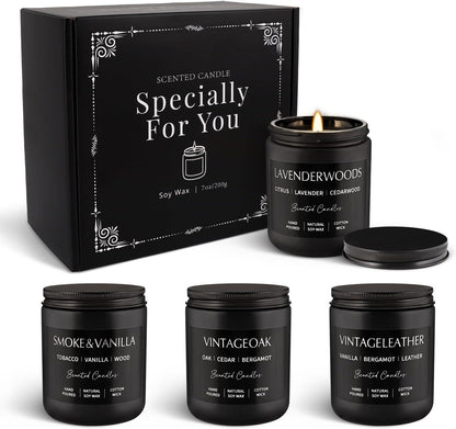 Scented Candles Gift Set - 4 Pack (7oz Each) Soy Wax Aromatherapy Candles with Essential Oils, Smokeless - Leather & Smoke, Vanilla Oakmoss, Lavender - Relaxing Fragrance for Home, Office, Yoga