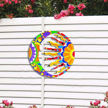 Akulgaci Metal Sun Wall Art Decor, Mexican Talavera Style Sunface Garden Outdoor Indoor Hanging Decorations for Yard Patio Fence Living Room Home Sun & Moon Art