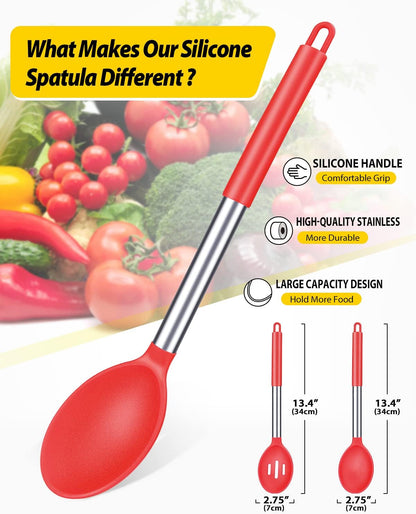 Pack of 2 Large Silicone Cooking Spoons,Non Stick Solid Basting Spoon,Heat-Resistant Kitchen Utensils for Mixing,Serving,Draining,Stirring (RED)