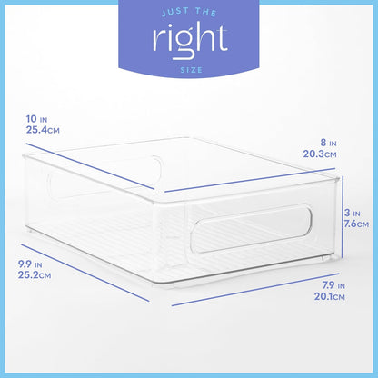 Plastic Food Storage 2 pack Clear Container Bin with Handles for Organizing Kitchen, Pantry, Refrigerator, Freezer, Pantry, Cabinet, Closet, Bathroom. Stackable 10”x8”x3”