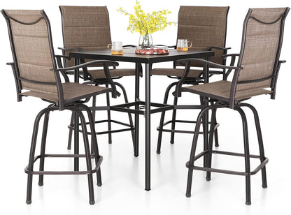 PHI VILLA 5 Piece Patio Bar Set, High Top Outdoor Table and Chairs for 4 with Swivel Padded Bar Stools Outside and Square Metal Bar Bistro Table for Garden, Deck and Poolside