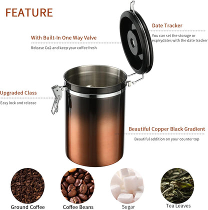 malmo Coffee Canister, Airtight Coffee Container with Date Tracker Lid, Stainless Steel Canister for Kitchen Food Storage (Black-Copper, 9oz)
