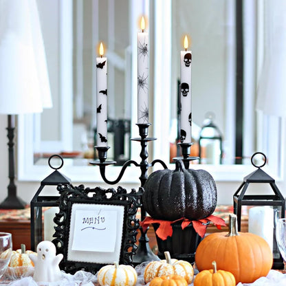 GenSwin Flameless Taper Candles with Remote Timer, 6Pcs LED Flickering Taper Candles Battery Operated Real Wax with Spider Webs/Skull/Bats Decals for Halloween Spooky Decoration (White, 0.78”x9.65”)