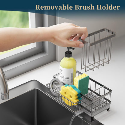 Consuemst Sponge Holder for Kitchen Sink - Auto Draining Sink Caddy Organizer with Detachable Rack, High Brush Holder, Kitchen Countertop Storage Accessories, Sand Nickel