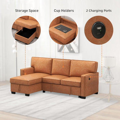 EBELLO Convertible Sleeper Sofa 3 in 1, Faux Leather Modern L-Shaped Couches for Living Room, Pull Out Sectional Futon Sofa Bed with Storage Space, USB Ports and Cup Holders for Bedroom, Brown