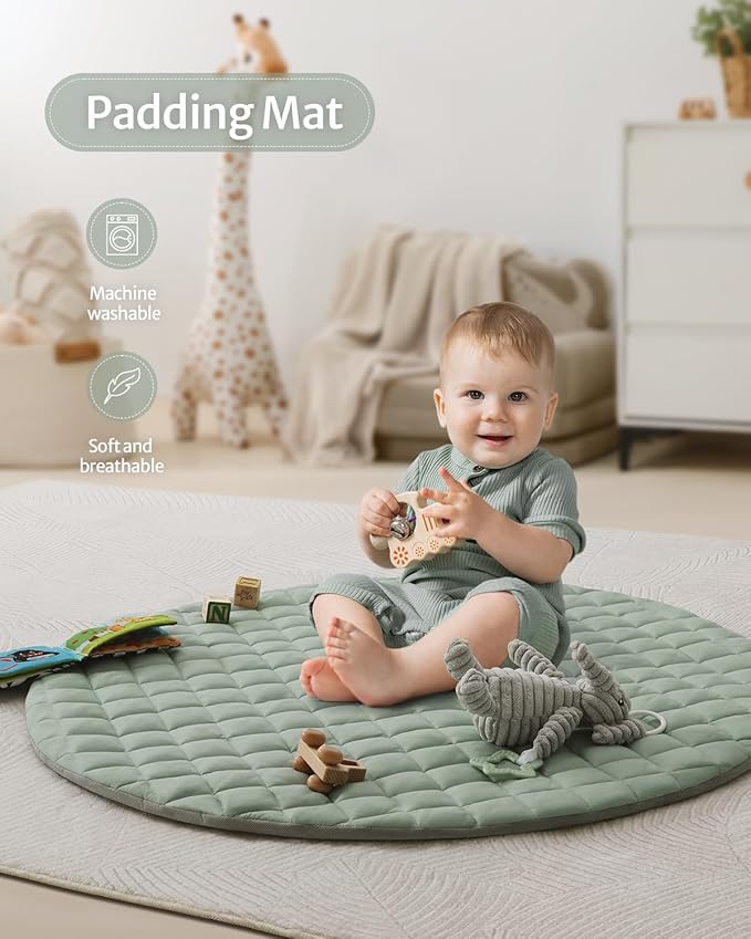 Blissful Diary Baby Play Gym Mat, Tummy Time Mat with 6 Detachable Toys for Stage-Based Sensory & Motor Skill Development, Baby Activity Mat Easy to Install & Clean, Baby Essentials Gift, Sage Green