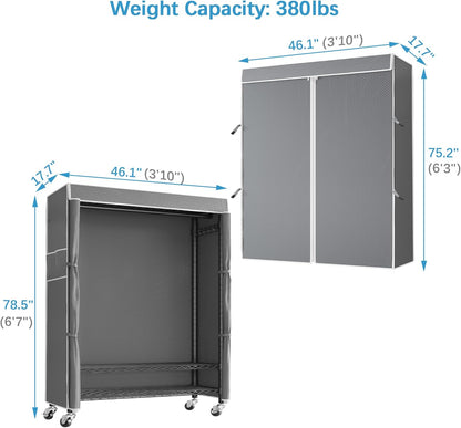 VIPEK R3C Plus Garment Rack Rolling Clothes Racks with Locking Wheels, Heavy Duty Clothing Rack Portable Closet with Adjustable Shelves & Side Hooks, Black Rack with Grey Upgraded Polyester Cover