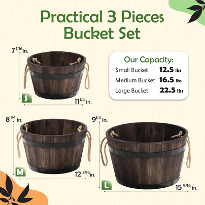 IDZO Set of 3 Wooden Flower Boxes Outdoor, Durable Acacia Wood Barrel Planters for Outdoor Plants with Ergonomic Handles, Drainage Holes, Multiple Sizes Wood Bucket Planter for Home Décor