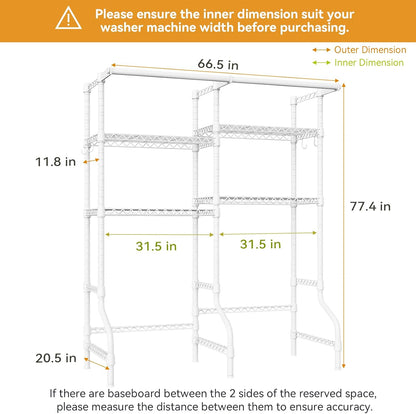 U14 Over Washer and Dryer Storage Shelves, 4 Tiers Laundry Room Storage and Organizer System, Space Saving Clothes Drying Rack with 2 Clothes Hanger Rods, 66.5" W x 20.5" D x 77.4" H, White
