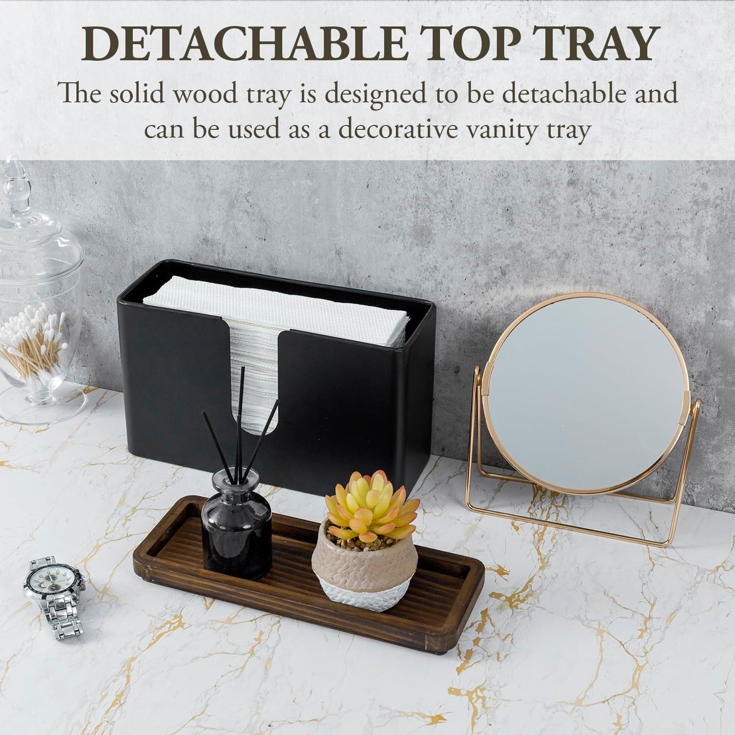 MyGift Deluxe Modern Matte Black Metal Folded Commercial Paper Towel Holder with Rustic Burnt Solid Wood Tray Lid, Wall Mounted Trifold Multifold Z Fold Disposable Napkin Dispenser