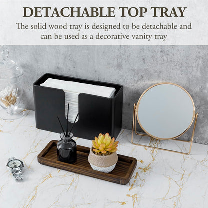 MyGift Deluxe Modern Matte Black Metal Folded Commercial Paper Towel Holder with Rustic Burnt Solid Wood Tray Lid, Wall Mounted Trifold Multifold Z Fold Disposable Napkin Dispenser