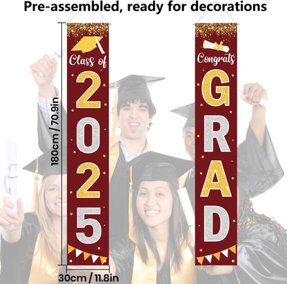 Graduation Decorations 2025 GRAD Banner Maroon Porch Door Sign Welcome Banner For Indoor Outdoor Wall Graduation Decorations Class of 2025