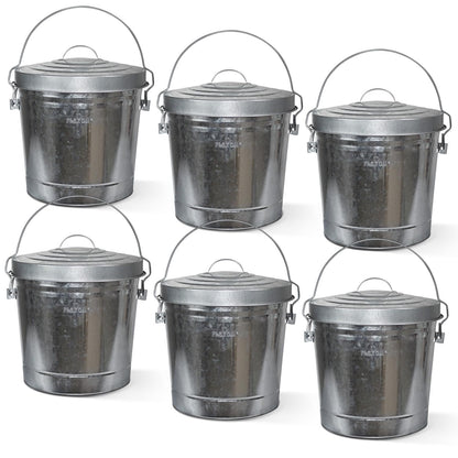 Plexon 6 Gallon Outdoor Trash Can with Lid Galvanized Metal Bucket with Locking Lid for Poultry Feed Bird Seed Storage Ash Small Garbage Can, 6 Pack