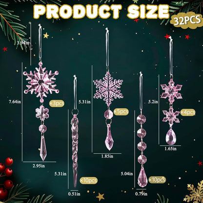 32pcs Crystal Christmas Ornaments for Christmas Tree Decorations-Pink Hanging Acrylic Snowflake and Icicle Ornaments with Drop Pendants for Xmas Winter Wonderland New Year Party Decorations Supplies