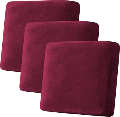 H.VERSAILTEX Velvet Stretch Couch Cushion Cover Plush Cushion Slipcover for Chair Loveseat Sofa Cushion Furniture Protector Seat Cushion Sofa Cover (3 Piece XL Sofa Cushion Covers, Burgundy)