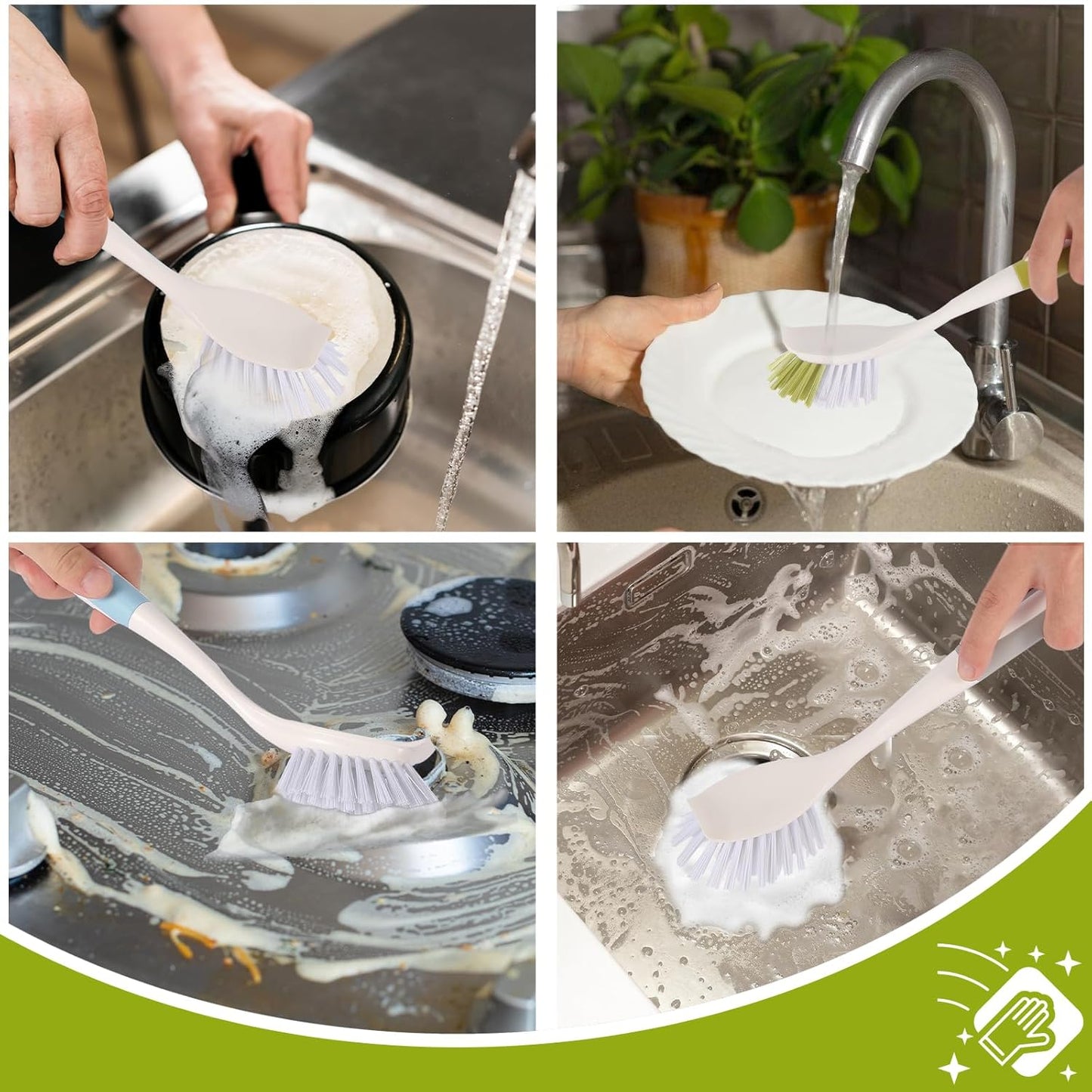 Dish Brush Scrub Brush with Handle - 3 Pack Stiff Bristles Dish Scrubber for Cleaning Pots,Pans,Dishes & Kitchen Sink - Hard Bristles,No Residue