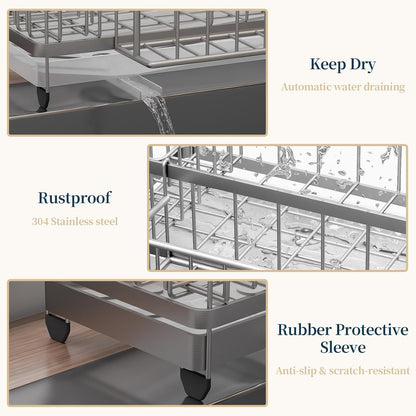 Consuemst Sponge Holder for Kitchen Sink - Auto Draining Sink Caddy Organizer with Detachable Rack, High Brush Holder, Kitchen Countertop Storage Accessories, Silver