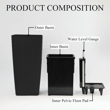 30in Tall Large Plant Pots Planter-Self-Watering Indoor/Outdoor Planting with Drain Holes, Water Level Monitor, Inner Bucket for Front Porch Patio, Black Large