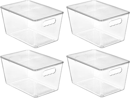 Vtopmart 4 Pack Clear Stackable Storage Bins with Lids, Large Plastic Containers with Handle for Pantry Organizer and Storage,Perfect for Kitchen,Fridge,Cabinet, Closet,Bathroom Organization
