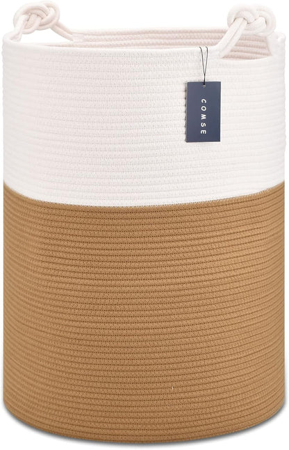 COMSE Extra Large Blanket Basket, Tall Woven Storage Basket, Nursery Hamper, 15.7”x 21.7”, Cotton Rope Laundry Hamper for Toys Clothes Towels, White/Camel