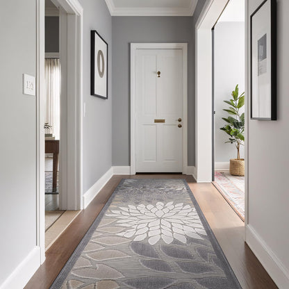 Beverly Rug Outdoor Runner Rug 2x7 Modern Floral Tropical Area Rugs for Indoor and Outdoor Patio Easy to Clean Non Shedding Living Room Porch Garden Washable Outside Carpet (2 x 7 Gray)