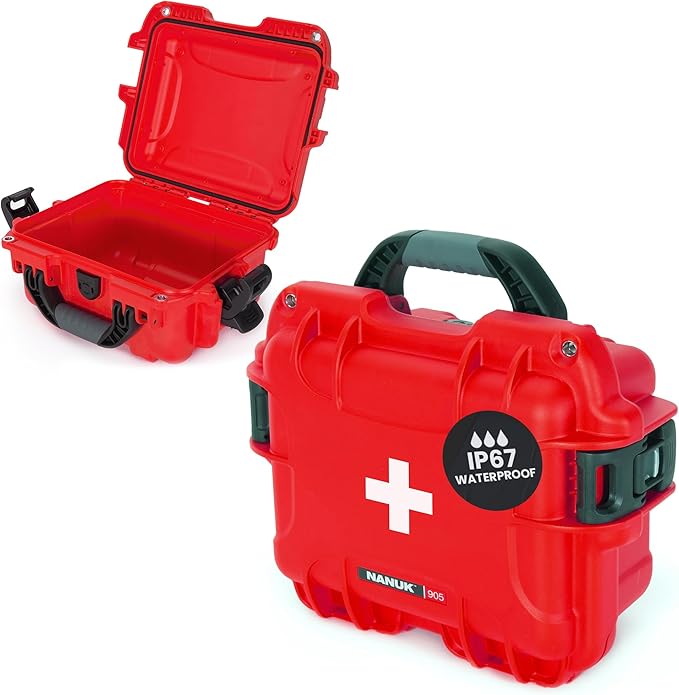 NANUK 905 Waterproof First Aid Case Empty – Durable, Medical First Aid Organizer Case, IP67-Rated, Dustproof, Impact-Resistant, and Floats (9.4" x 7.4" x 5.5") – Red