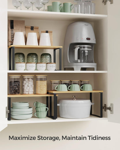 SONGMICS Cabinet Organizer Shelf, Set of 3 Kitchen Counter Shelves, Kitchen Storage, Spice Rack, Stackable, Expandable, Ink Black and Natural Beige UKCS014B01