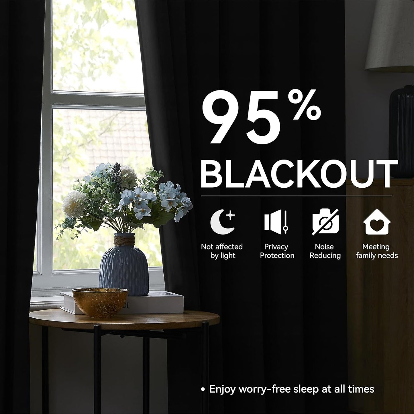 KangBang Pinch Pleated Blackout Curtains 90 Inch Long for Bedroom, Thermal Insulated Privacy Assured Memory Shape Window Curtains with Adjustable Hooks 2 Panels,40Wx90L, Black