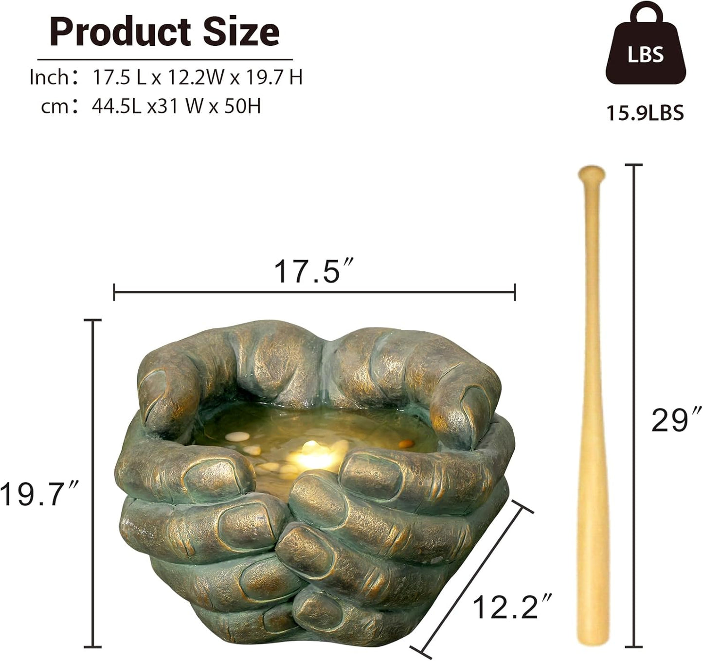 Water Fountain Zen Outdoor Fountains Garden Buddha's Hand Bubbler with Lights & Pump for Patio Porch Deck Yard Home Decor, 19.7''H x 17.5''L x12.2''W