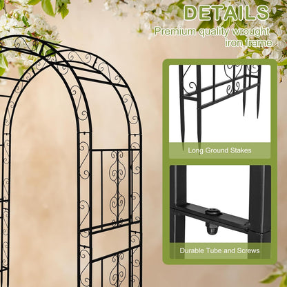 Outvita 7FT Garden Arch Arbor with Entry Door, Heavy Duty Metal Arbour Archway, Decorative Frame Stand Trellis with Ground Stakes for Wedding Ceremony Party Plant Climbing Rose Vines Patio Black