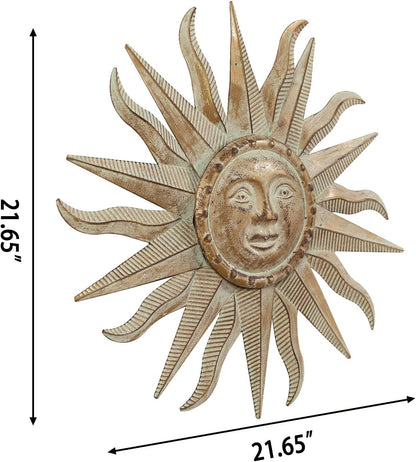 TICKCACY Metal Sun Wall Art Decor Sculpture, 3D Sun Wall Art Decoration Hanging for Outdoor Indoor Garden Farmhouse Yard Patio Living Room Bedroom, 21.65 Inch, Green-gold
