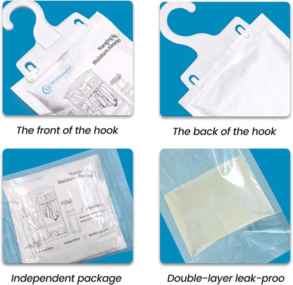 Moisture Absorber Hanging Bags 12 Pack - 7 oz Fragrance-Free Dehumidifier for Closet, Bathroom, Bedroom – Double Leak-Proof Design & Dual-Sided Absorption