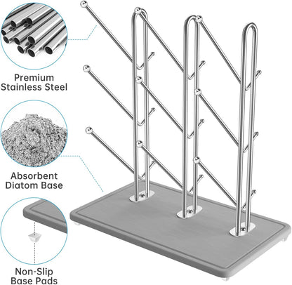NiHome Baby Bottle Drying Rack with Diatomite Base & Stainless Steel Frame, Foldable Countertop Organizer Holds 9 Bottles, Space-Saving Stand for Water Bottles, Lids, Reusable Bags & More