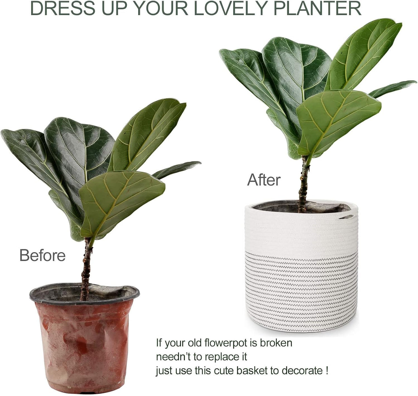 Woven Cotton Rope Plant Basket for 11 12" Flower Pot Floor Indoor Planters, Decor Basket for Plants Storage Organizer Modern Home Decor (12" x 12", White)