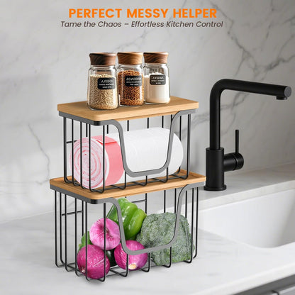 KONE Trash Bag Holder, 2 Pack Garbage Bag Dispenser, Storage Stackable Kitchen Organizer with Bamboo Top, Wall Mount Laundry Pantry Organization Black