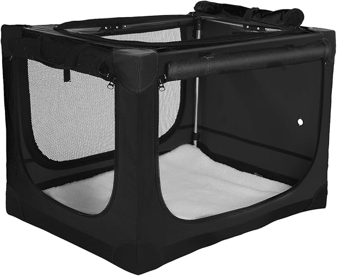24-Inch Collapsible Travel Dog Crate, Portable 4-Door Soft Kennel for Medium to Large Dogs, Chew-Proof Mesh Windows, Indoor/Outdoor Use, Foldable, with Storage Bag (Black)