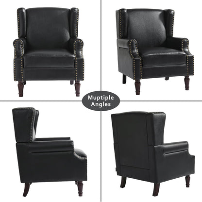 Accent Chairs, Faux Leather High Back Armchair Set of 2 or Living Room, Comfy Upholstered Single Sofa Reading Chairs with Solid Wood Legs for Office, Bedroom, Waiting Room-Black