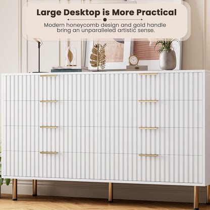8 Drawer Dresser for Bedroom, Fluted 55" Wide Modern Chest of Drawers with Deep Drawers, Wooden Dresser Organizer for Living Room, Hallway, Kids Room, White