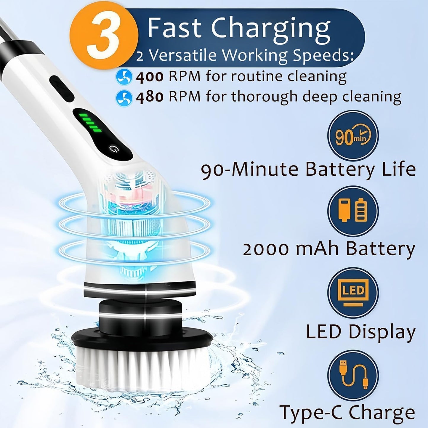 Electric Spin Scrubber, Cordless Cleaning Brush with 9 Attachment Shower and Grout Cleaner, Adjustable Extension Handle, IPX7 Waterproof for Tile Floor Tub Car (White)